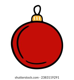 Red Christmas ball. Decoration, decorate, new year, eve, december 25, winter, holiday atmosphere, celebrate, family celebration, traditions. Colorful icon