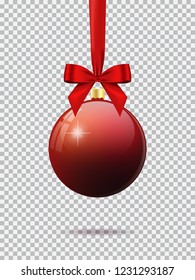 Red Christmas ball glossy with red bow ribbon realistic shiny satin for decorate you christmas card or website vector isolated on transparent background.
