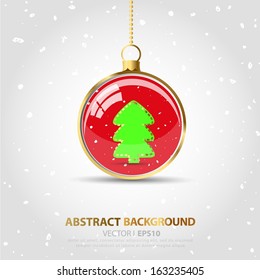  Red Christmas ball with a gold chain on a gray background with the space for text. Vector EPS 10 illustration.