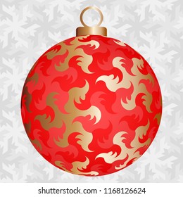Red christmas ball with gold flowers.