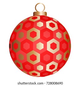 Red christmas ball with gold hexagons.