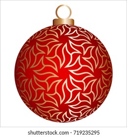 Red christmas ball with gold pattern.