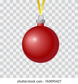 Red Christmas ball with golden ribbon on transparent background. Vector illustration