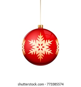 Red christmas ball with golden snowflake pattern, isolated on white