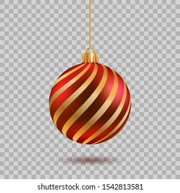 Red Christmas ball with golden waves. New year toy decoration - stock vector