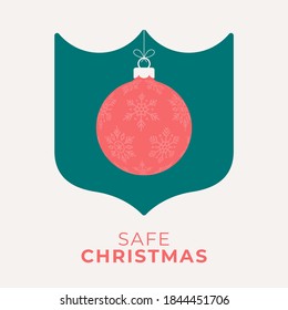Red christmas ball and green shield. Coronavirus Covid-19 and christmas or new year canceled concept. Vector illustration