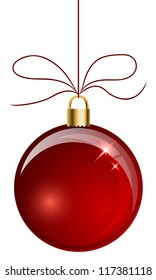 Red Christmas ball hanging on the string isolated on white background.