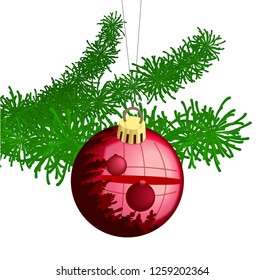 Red christmas ball hanging from spruce branch with other branches behind it