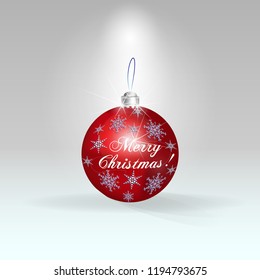 Red Christmas ball. Holiday vector illustration of traditional festive Xmas bauble. Merry Christmas and  New 2019 Year greeting card design element. Christmas ball with the inscription Merry Christmas