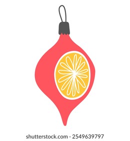 Red christmas ball, icicle with yellow and white decor isolated on white. New Year's toy. Christmas tree decor. Cute cartoon illustration.	