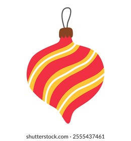 Red christmas ball, icicle with yellow and white decor isolated on white. New Year's toy. Christmas tree decor. Cute cartoon illustration.	
