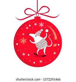 Red christmas ball with the image of a cute rat in a hat.Vector illustration.Happy Chinese New Year 2020 year of the rat. 
