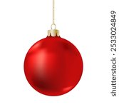 Red Christmas ball isolated on white background. Single clean 3D ball of bright scarlet color hanging on a chain, realistic New Year ornament. Vector clipart of realism style.