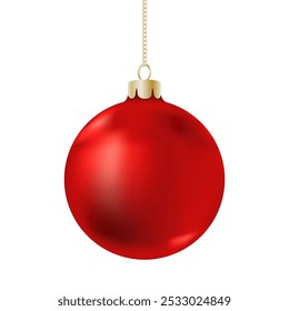 Red Christmas ball isolated on white background. Single clean 3D ball of bright scarlet color hanging on a chain, realistic New Year ornament. Vector clipart of realism style.