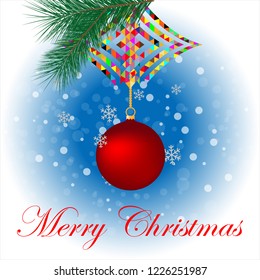 A red christmas ball on branches of pine tree with multicolor ribbons.  Blurred snowflakes and snow background. Vector illustration with Merry Christmas text.