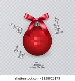 Red christmas ball on transparent background, vector christmas decorations