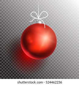 Red Christmas Ball on transparent background with shadow and glow. Ready for your design. Vector Illustration.