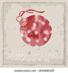 Red christmas ball on a vintage background. Happy new year card. Vector illustration.