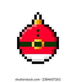 Red Christmas ball ornament isolated on white background. Xmas glass bauble icon. Vector pixel art illustration of New Year elements in 16-bit old style.