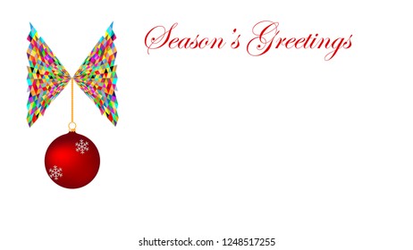 A red Christmas ball ornament with twisted multicolor abstract ribbon on white background. Season's Greetings. Happy New Year, Merry Christmas Concept. 