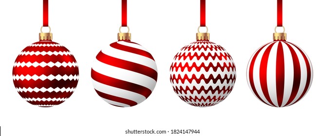 Red   Christmas  ball  with pattern  isolated on white background. Xmas  tree decoration. Vector bauble set.