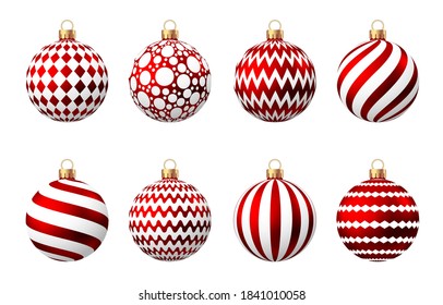 Red Christmas  ball with pattern isolated on white background. Xmas tree decoration. Vector bauble set.