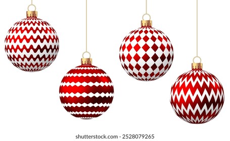Red   Christmas  ball  with pattern  isolated on white background. Xmas  tree decoration with ornament. Vector bauble set.
