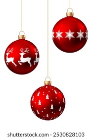 Red   Christmas  ball  with pattern  isolated on white background. Xmas  tree decoration with ornament. Vector bauble set.