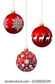 Red   Christmas  ball  with pattern  isolated on white background. Xmas  tree decoration with ornament. Vector bauble set.