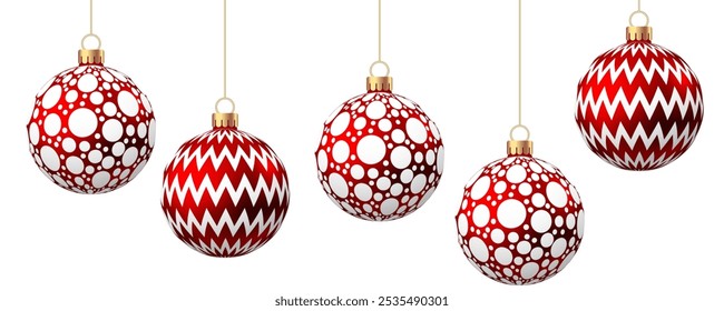 Red   Christmas  ball  with pattern  isolated on white background. Xmas  tree decoration with ornament. Vector bauble set.