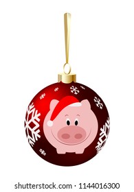 Red christmas ball with pig, the symbol of New Year 2019. Realistic ornamented blown glass bauble vector illustration