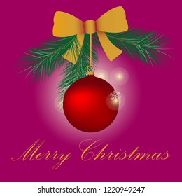 Red christmas ball and pine twigs with red ribbon.  Vector illustration. Gold bubbles background.  Season's greetings, Merry Christmas and Happy New Year.