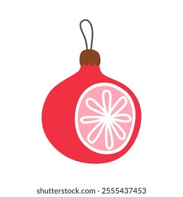 Red christmas ball with pink and white decor isolated on white. New Year's toy. Christmas tree decor. Cute cartoon illustration.	