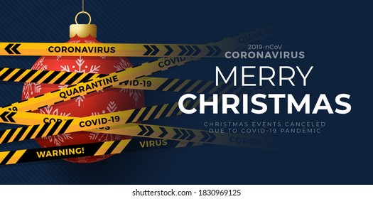 Red christmas ball and Quarantine biohazard danger. yellow and black stripes. Coronavirus Covid-19 and christmas or new year canceled concept. Vector illustration
