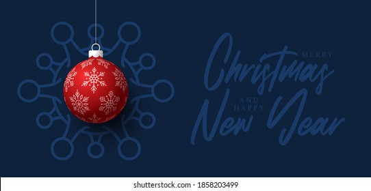 Red christmas ball and Quarantine coronavirus danger. Coronavirus Covid-19 and christmas or new year canceled concept. Vector illustration