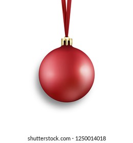 Red Christmas Ball. Realistic shiny ball decoration with ribbon.