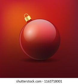 Red christmas ball realistic vector isolated on red background.