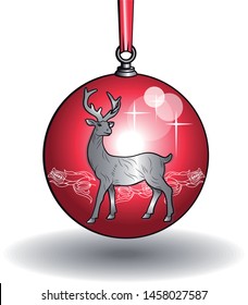 Red Christmas ball with a relief-effect deer and red ribbon.