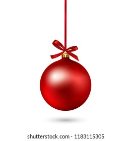 Red Christmas ball with ribbon and a bow on white background. Vector illustration. Christmas decoration