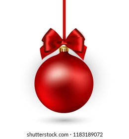 Red Christmas ball with ribbon and a bow on white background. Vector illustration. Christmas decoration