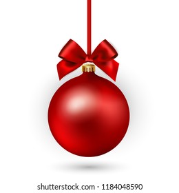 Red Christmas ball with ribbon and a bow on white background. Vector illustration.