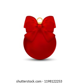 Red Christmas ball with ribbon and a bow, isolated on white background. Vector illustration.