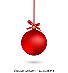 Red Christmas ball with ribbon and a bow on white background. Vector illustration. Christmas decoration