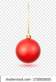 Red Christmas ball with ribbon and bow. Realistic isolated vector. New year toy decoration. Holiday decoration element