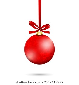 Red Christmas ball with ribbon and a bow on white background. Vector illustration. Christmas decoration