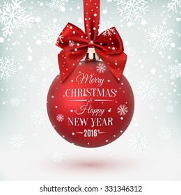 Red Christmas ball with ribbon and a bow, on winter background with snow and snowflakes. Merry Christmas and Happy New Year. Vector illustration.