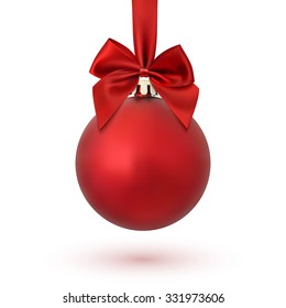 Red Christmas ball with ribbon and a bow, isolated on white background. Vector illustration.