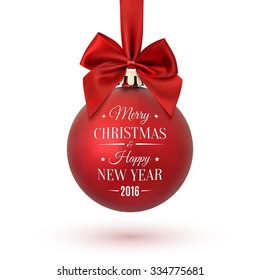 Red Christmas ball with ribbon and a bow, isolated on white background. Merry Christmas and Happy New Year. Vector illustration.