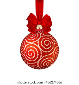 Red Christmas ball with ribbon and a bow, isolated on white background. EPS 10 vector file included
