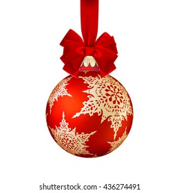 Red Christmas ball with ribbon and a bow, isolated on white background. EPS 10 vector file included